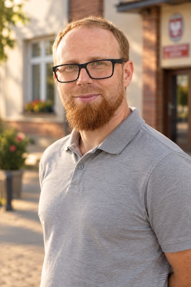 Michał Ptak, specjalista SEO, przed biurem w Dąbrowie Górniczej
